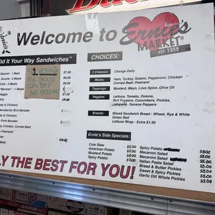 A sandwich menu