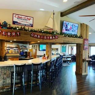 Bar area decorated for Christmas! We are open year around!