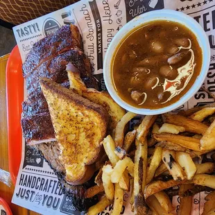 2 meat plate ribs, brisket, brisket beans, and fries
