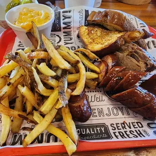 2 meat plate jalapeño sausage , brisket, fries, and Mac n cheese