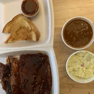 Brisket, pork steak, beans and potato salad!