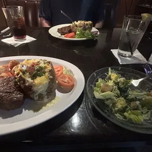 Filet Mignon, Lobster Tail, Caesar Salads, Baked Potatoes - fully loaded, Cape Cod, Steak, Water w/ Lemon