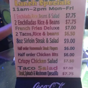 menu for lunch specials