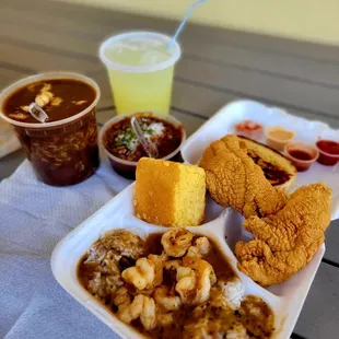 a tray of food and drinks