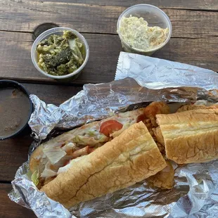 Broccoli, Fish Po Boy, Shrimp Po Boy, Seafood gumbo, potato salad