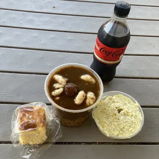 Gumbo (chicken, sausage, and shrimp) with potato salad &amp; cornbread.