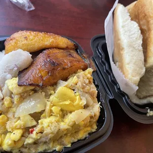 Ackee &amp; Codfish w/ the full Jamaican sides and a Chicken Patty in the Coco Bread