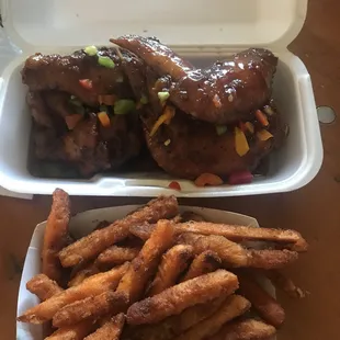 Jerk wings and small order of cinnamon crusted sweet potato fries