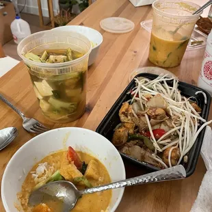 Pumpkin curry, drunken noodles, tom yum