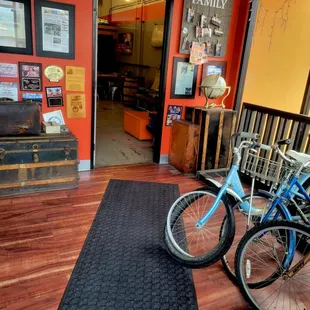 bikes parked in front of the door