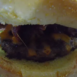 The roadhouse burger, close-up.