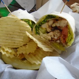 Bacon chicken ranch wrap with chips.