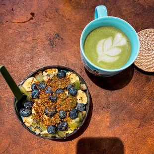 Blue bowl &amp; a matcha latte