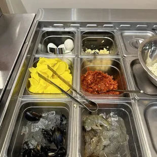 Seafood options and toppings!