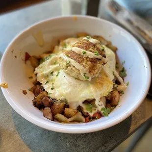 Crab Cake Hash with poached egg