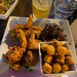 Wings brussell sprouts and okra yummy. Can't remember the name of the drink lol