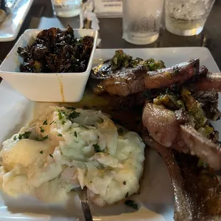 This is the Lamb Chops, Brussels sprouts and garlic mashed potatoes .