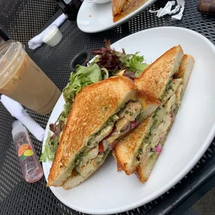 Pesto Chicken Grilled Cheese Sandwich w/ Balsamic Greens and Cafe con leche and hand sanitizer of course