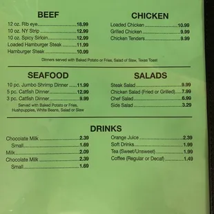 Dinner menu