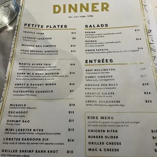 Dinner menu