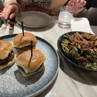 Wagyu sliders and crispy Brussels sprouts with bacon