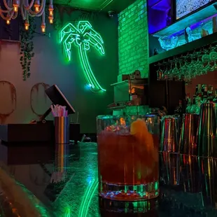 a bar with neon lights