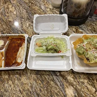 Combo (enchilada, tamale, taquitos, rice and beans with lettuce and guac) and tostada