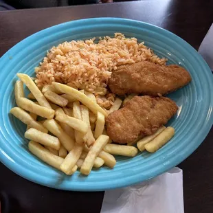 a blue plate of food on a table