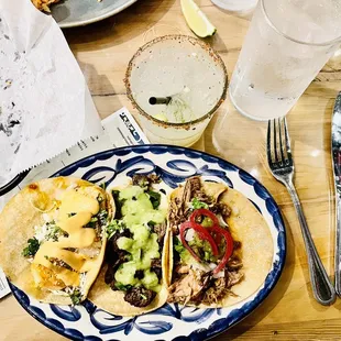 Shrimp Taco, Carne Asada Taco, and Carnitas Taco with Spicy Margarita