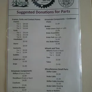 Suggested donations for parts