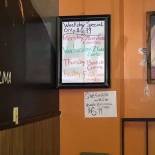 a menu on the wall