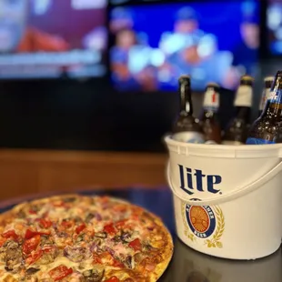 a beer and a pizza