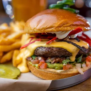 a cheeseburger and fries