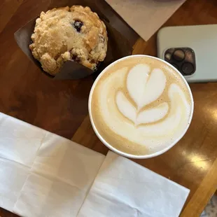 Caffe latte and a blue berry muffin