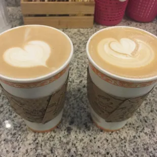 Hazelnut Latte (left) Caramel Machiato (right) - love this place and owner is super friendly and awesome!