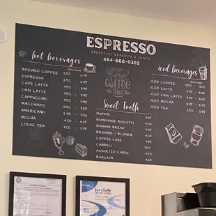 a menu on the wall of a coffee shop