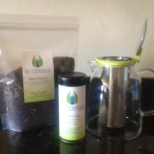 a blender and a bag of tea