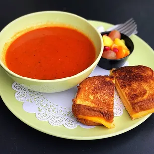Tomato basil with grilled cheese on French brioche