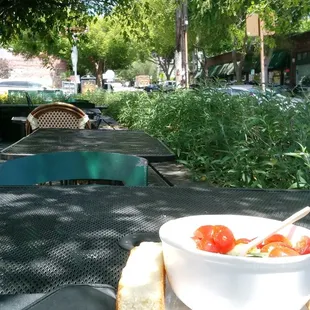 Pre-covid Greek salad :) View of the great shops on Hopkins