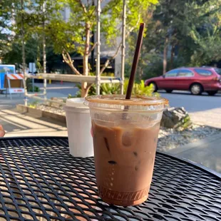 Morning Coffee outside of Espresso Vivace: Iced Oat Mocha &amp; Hot Oat Cocoa