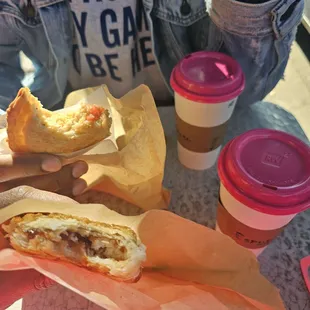 hot chocolate, dulce de leche latte, chicken and cheese and Romeo and Juliet empanadas
