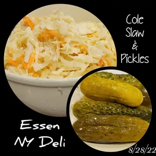 a bowl of cole slaw and pickles