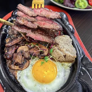Wagyu Steak, Egg and Pate on Skillet