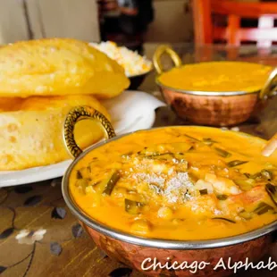 Coconut Curry Shrimp, Daal Turka, Poori