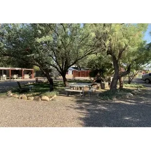 Shady center area for the overnight guests, community room to the left. Straight ahead is entrance to the Hot Spring area.