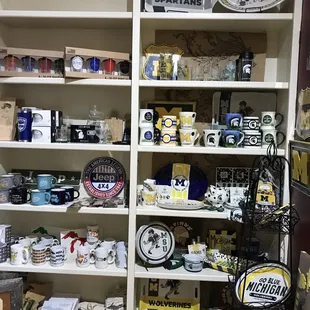 a shelf full of items