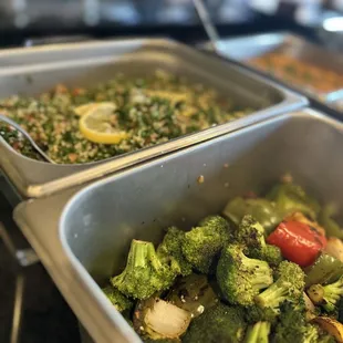 two pans of food on a counter