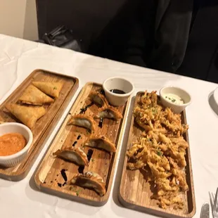 Potato sambusa, tofu and spinach fried dumplings and pakora