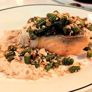 Trout amandine. Trout with crispy skin, almonds, green beans.