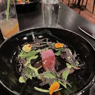 Duck, peas, black olives, mushroom, verjus